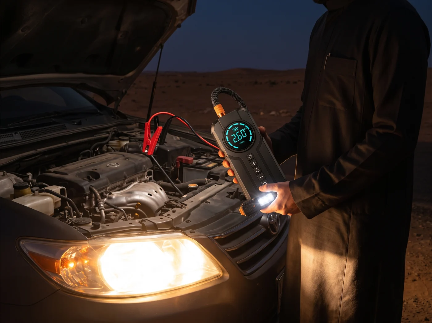المنقذ – مشغل بطارية سيارات منفاخ إطارات كشاف طوارئ باور بانك