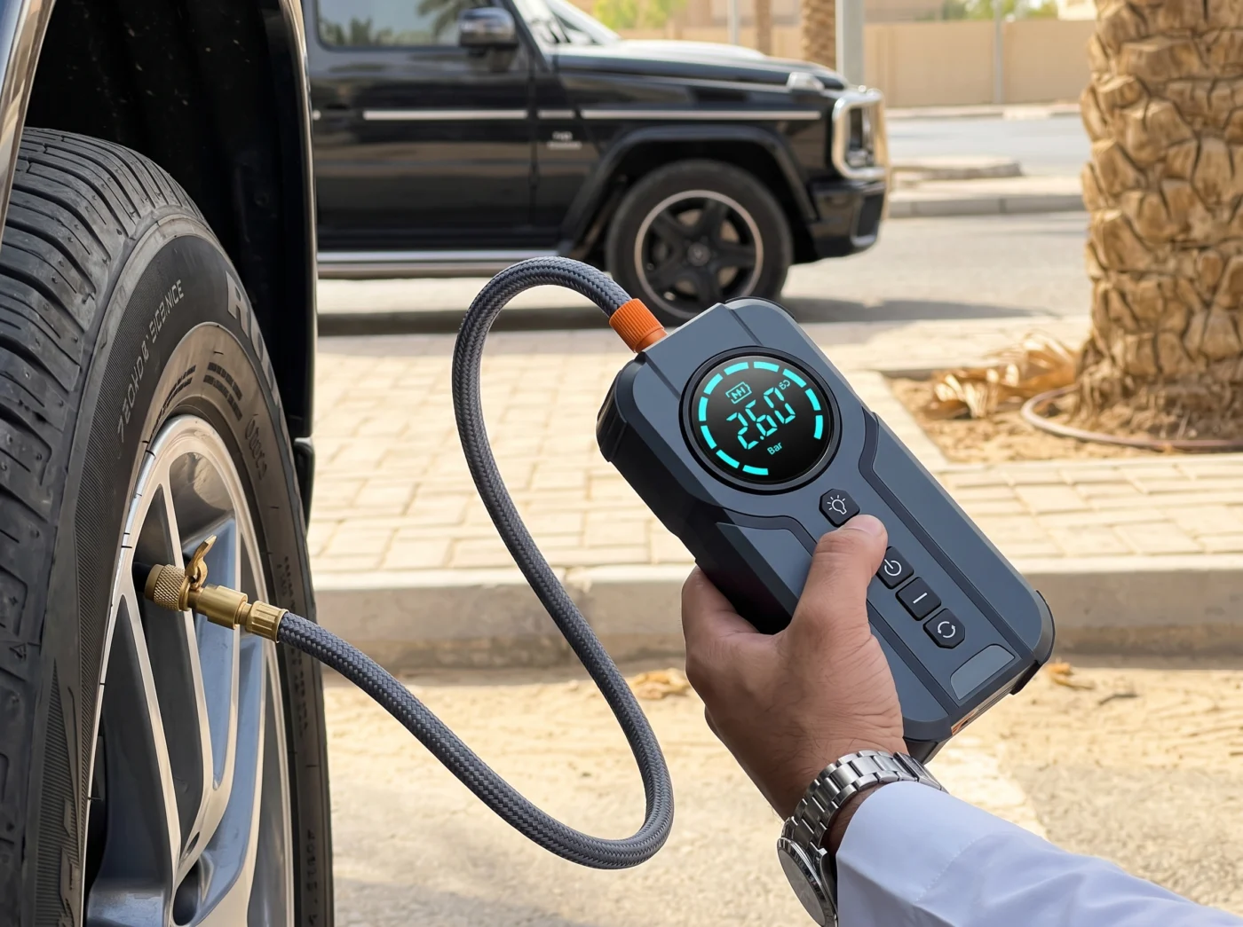 المنقذ – مشغل بطارية سيارات منفاخ إطارات كشاف طوارئ باور بانك