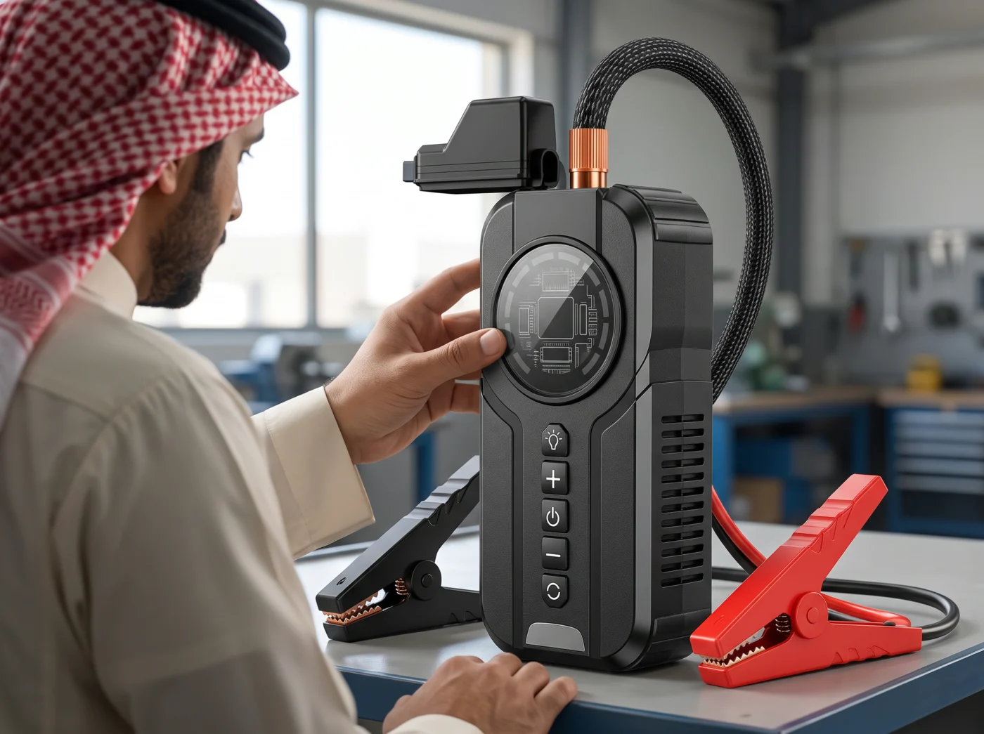 المنقذ – مشغل بطارية سيارات منفاخ إطارات كشاف طوارئ باور بانك